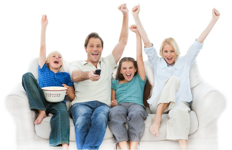 Family watch TV on the couch with remote and popcorn